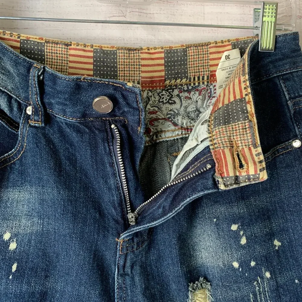 Qimu Fashion Mens Distressed Denim Jean Shorts Paint Splatter Size 30